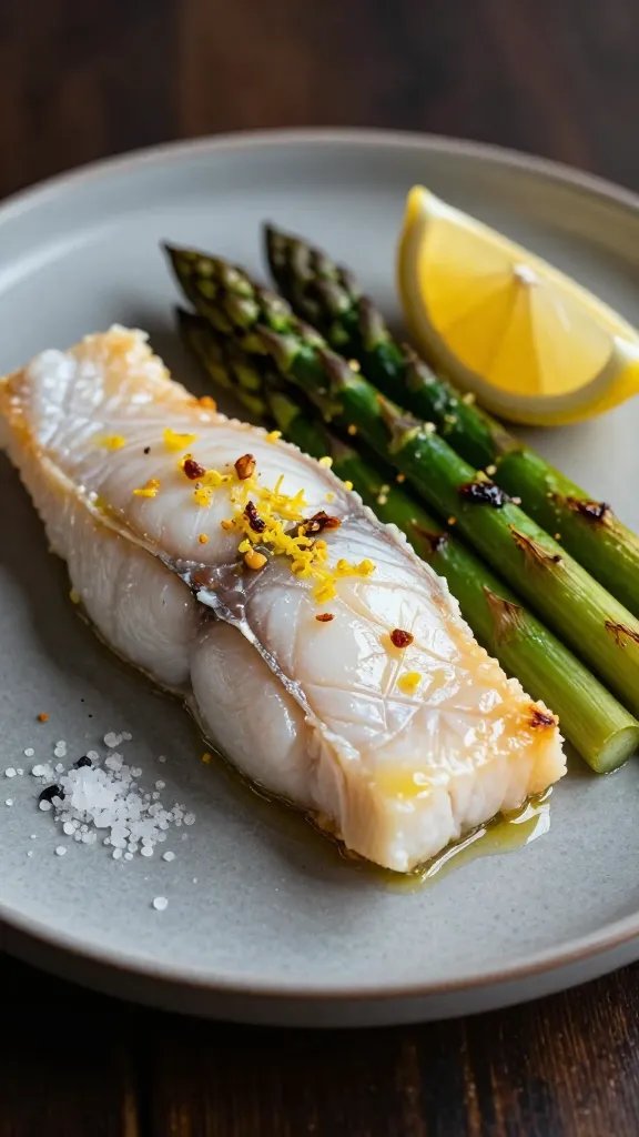 Close-up, moody 45-degree angle of a single plated serving: one cod fillet with visible large flakes pulling apart, glossy from butter and olive oil, topped with fresh lemon zest and tiny browned garlic bits. Asparagus spears arranged alongside, lightly blistered tips, a wedge of lemon on the plate, and coarse sea salt crystals catching the light. Matte stoneware plate in soft gray, dark wood table, shallow depth of field to emphasize texture.