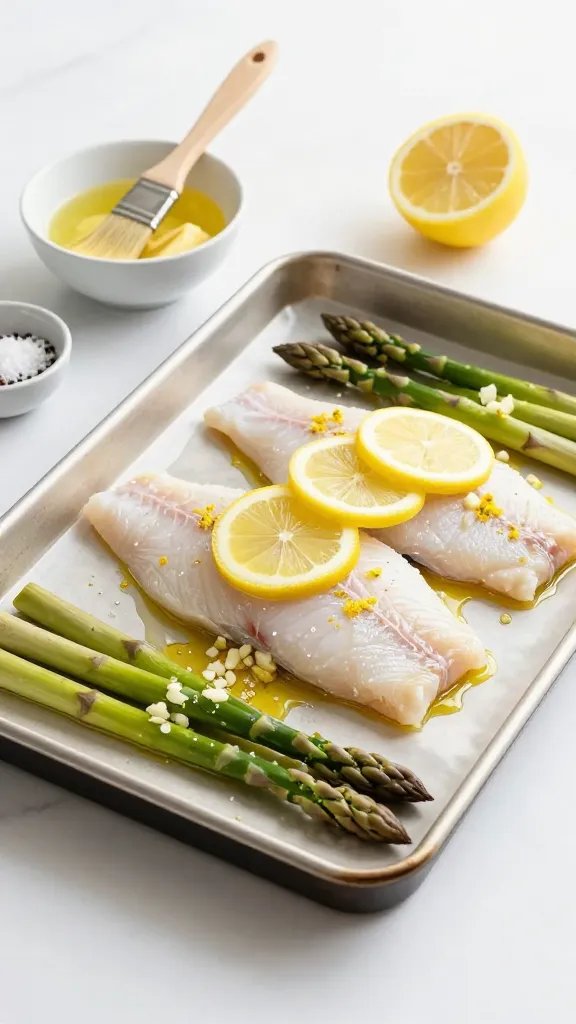 Bright, airy kitchen scene in natural daylight: a pre-bake setup on a rimmed sheet pan—raw cod fillets brushed with olive oil, surrounded by trimmed asparagus, scattered minced garlic, lemon zest sprinkled over everything, and a few thin lemon rounds placed on top of the fish. A small bowl of melted butter with a pastry brush, a halved lemon, and a pinch bowl of flaky salt and pepper visible. Minimalist, fresh aesthetic with soft shadows; no text, no people.