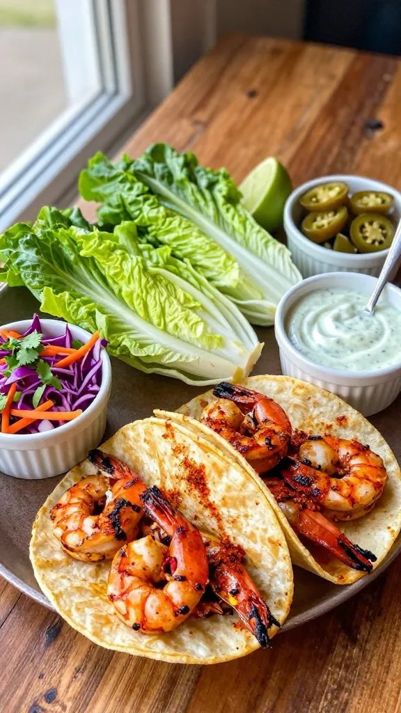 Overhead shot of a rustic wooden table set for taco night: a platter of spicy seared shrimp glistening with chili powder and smoked paprika, charred edges visible; neatly stacked crisp romaine hearts and butter lettuce leaves; small bowls of zippy slaw (purple cabbage, shredded carrot, cilantro), lime wedges, sliced jalapeños, and a creamy chipotle-lime sauce in a ramekin with a small spoon. Natural window light from the left, shallow depth of field, vibrant colors, no text, appetizing food styling.