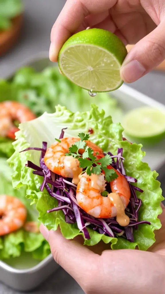 Close-up, handheld lettuce wrap being assembled: a bright green butter lettuce cup filled with a layer of crunchy purple slaw, 3–4 juicy shrimp with a spicy red-orange glaze, a drizzle of creamy sauce on top, sprinkled with chopped cilantro and a squeeze of lime mid-action (lime held just out of frame, droplets visible). Soft background blur showing more shrimp and lettuce on a tray. High contrast, crisp details, no text.