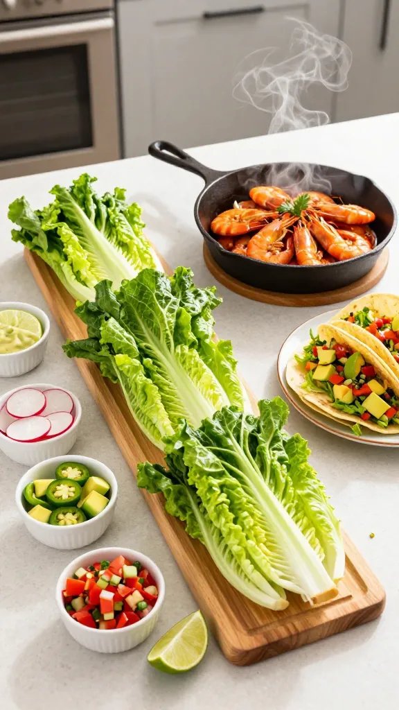Family-style spread in a modern kitchen setting: cast-iron skillet of freshly cooked spicy shrimp on a trivet with a little steam rising; a long board lined with romaine hearts; small bowls of toppings—radish slices, avocado cubes, jalapeño rounds, pico de gallo, lime wedges, and the creamy sauce; a few assembled lettuce-wrap tacos on a plate to the side. Warm, natural daylight, clean props, overhead three-quarter angle, vibrant and fresh, no text.