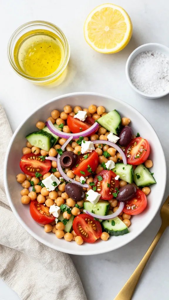 Overhead shot of a vibrant Mediterranean chickpea salad in a wide white bowl on a light marble surface: plump chickpeas, halved cherry tomatoes, diced Persian cucumbers, thinly sliced red onion, chopped parsley, crumbled feta, and Kalamata olives. A small glass jar of lemony vinaigrette with visible lemon zest sits to the side, a cut lemon and a small bowl of flaky sea salt nearby. Natural daylight, crisp textures, no text, clean minimal styling with a neutral linen napkin and gold fork.