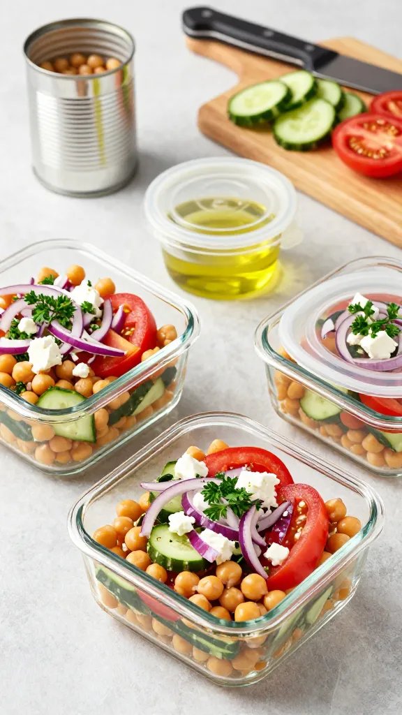 Meal-prep scene with three clear glass containers filled with crunchy chickpea salad layered for texture: bottom layer of chickpeas, then cucumbers and tomatoes, topped with red onion, parsley, and feta. A separate tiny lidded container of olive oil–lemon vinaigrette in each. Background includes an open can of chickpeas, a chef’s knife, and a wooden cutting board with chopped cucumbers and tomatoes. Bright kitchen light, overhead angle, modern, fresh, no text.
