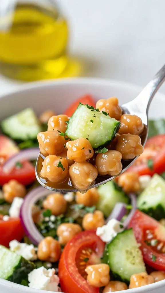 Close-up macro of a spoonful lifted above the bowl showing glossy chickpeas coated in vinaigrette, crisp cucumber cubes with condensation, juicy tomato halves, slivers of red onion, flecks of oregano and parsley, and crumbles of feta. Soft bokeh of the full salad bowl and a bottle of extra-virgin olive oil in the background. Sunlit, high contrast, making the crunch and freshness pop, no text.
