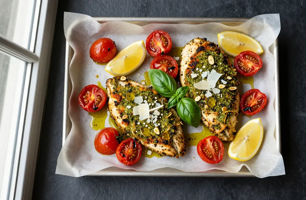 Crispy Pesto Chicken with Roasted Tomatoes Tonight