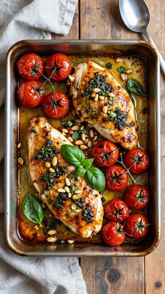 Overhead view of a rustic sheet pan dinner fresh from the oven: golden, crispy chicken breasts generously coated in glossy basil pesto, nestled among burst, blistered cherry tomatoes on the vine. The tomatoes are wrinkled and juicy, releasing caramelized juices pooling with pesto oils. A few toasted pine nuts and torn fresh basil leaves scattered on top. Soft late-afternoon natural light, slight steam visible, on a worn wooden table with a crumpled linen napkin and a simple metal spoon.