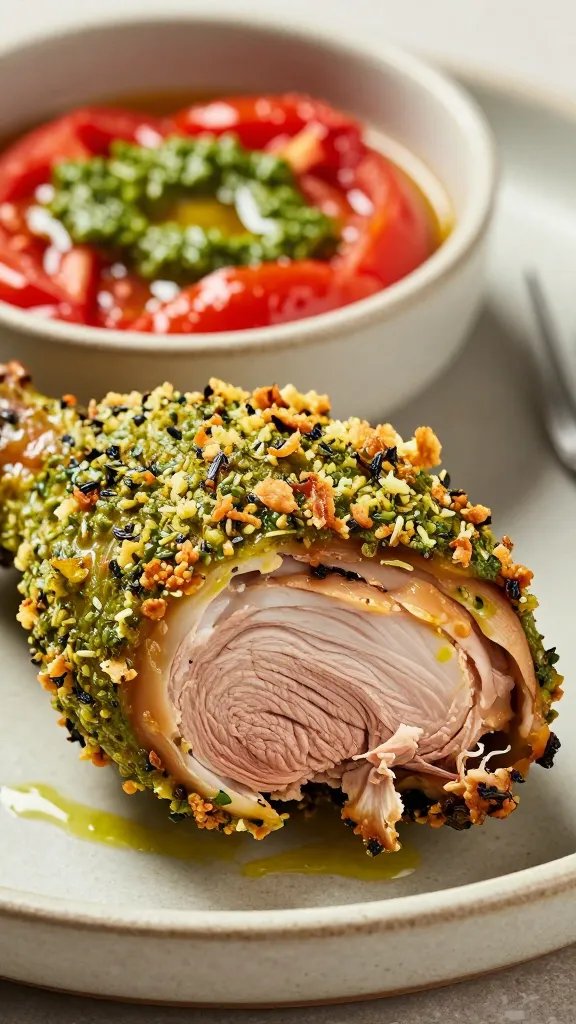 Close-up, fork-cut slice through a pesto-crusted chicken thigh revealing juicy, tender meat beneath a crisp, herb-speckled crust. In the background, out of focus, a shallow bowl catches roasted tomato juices mingling with emerald pesto, with glistening tomato skins and a drizzle of olive oil. Ceramics are neutral stoneware, light bokeh highlights, dramatic side lighting to emphasize texture and moisture.