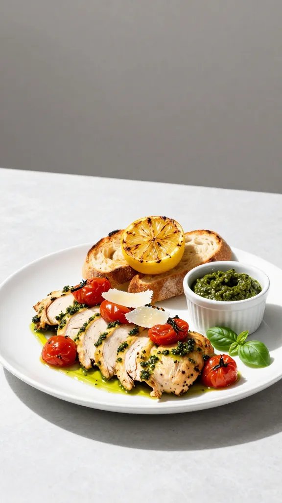 A plated trattoria-style serving: sliced pesto chicken fanned on a warm white plate, spooned with roasted cherry tomatoes and their pan juices, finished with a squeeze of charred lemon and a few shards of Parmesan. Add a side of toasted country bread for dunking, a small ramekin of extra pesto, and scattered basil leaves. Clean, bright daylight from the left, minimal modern backdrop, slight shadows for depth, no text or labels.