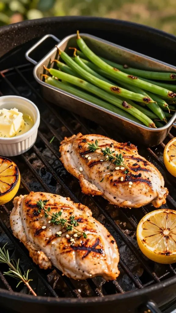 Overhead shot of a backyard grill at golden hour with grill marks on juicy lemon-herb marinated chicken breasts, lightly charred lemon halves, and a grill basket of vibrant green beans with blistered edges; visible flecks of fresh thyme, rosemary, and minced garlic on the chicken; a small ramekin of herb butter melting nearby; warm, natural sunlight, shallow depth of field, no text, realistic food photography.
