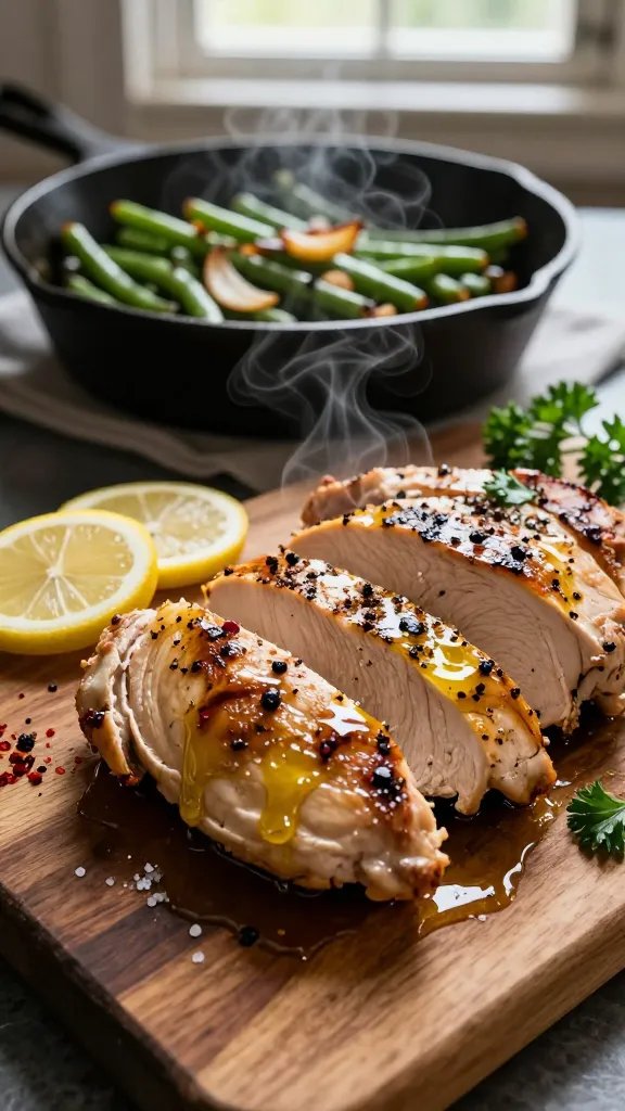 Close-up, moody kitchen scene of sliced grilled chicken on a wooden board, glistening with olive oil and sprinkled with sea salt, cracked black pepper, and red chili flakes; thin lemon slices and fresh parsley scattered around; a cast-iron skillet of crispy-tender green beans with caramelized shallots in the background; steam rising subtly; natural window light, high contrast, no text.