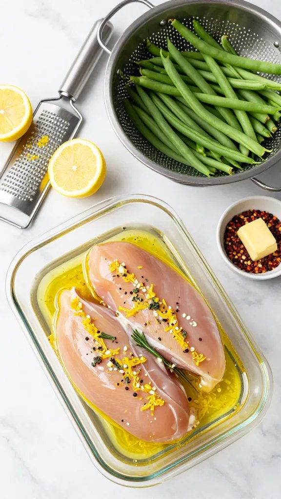 Fresh prep scene on a marble countertop: raw chicken breasts in a glass dish coated in a vibrant marinade of lemon zest, lemon juice, minced garlic, chopped rosemary and thyme, olive oil, and pepper; a pile of trimmed green beans ready in a metal colander; a microplane with lemon zest, halved lemons, and a small bowl of chili flakes and butter pats nearby; bright, airy lighting, overhead composition, no text.