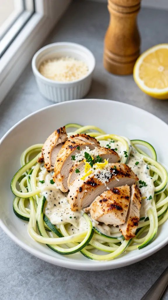 Overhead shot of a shallow white bowl filled with glossy zucchini noodles twirled into nests, topped with juicy sliced grilled chicken breast, all coated in a creamy Alfredo sauce with visible specks of black pepper and grated Parmesan. Garnish with finely chopped parsley and a light sprinkle of lemon zest. Place a small ramekin of Parmesan, a wooden pepper mill, and a halved lemon nearby on a cool gray stone surface. Soft, natural window light from the left, shallow depth of field, crisp food magazine style.