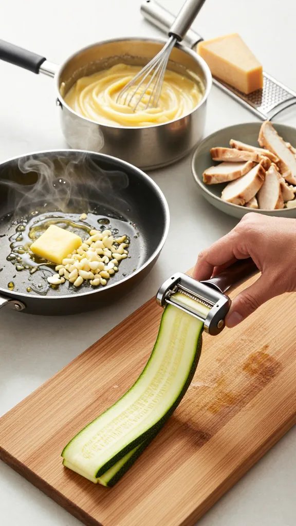 Process scene: a hand using a spiralizer to create long green zucchini ribbons on a wooden cutting board, beside a hot skillet where butter, minced garlic, and a splash of white wine simmer, steam visible. In the background, a small saucepan of silky Alfredo sauce being whisked, with a wedge of Parmesan, a microplane grater, and a small bowl of cooked sliced chicken thighs. Bright, clean kitchen setting, high contrast, cinematic top-down angle.