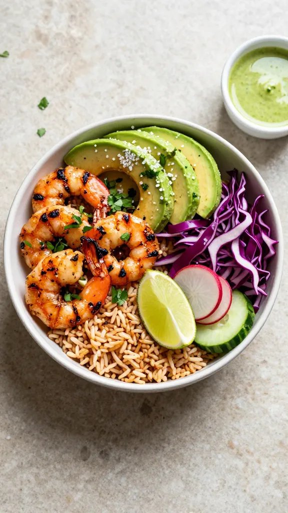 Overhead shot of a vibrant cilantro-lime shrimp and avocado bowl on a matte stone countertop: charred, seared shrimp glistening with lime zest and flecks of cilantro; half-moons of ripe avocado sprinkled with flaky sea salt; warm jasmine rice base with a squeeze of lime visibly fresh; crunchy elements like thinly sliced red cabbage, cucumbers, and radish; a small ramekin of cilantro-lime dressing on the side; natural daylight from the left, soft shadows, no text, high-resolution food photography.