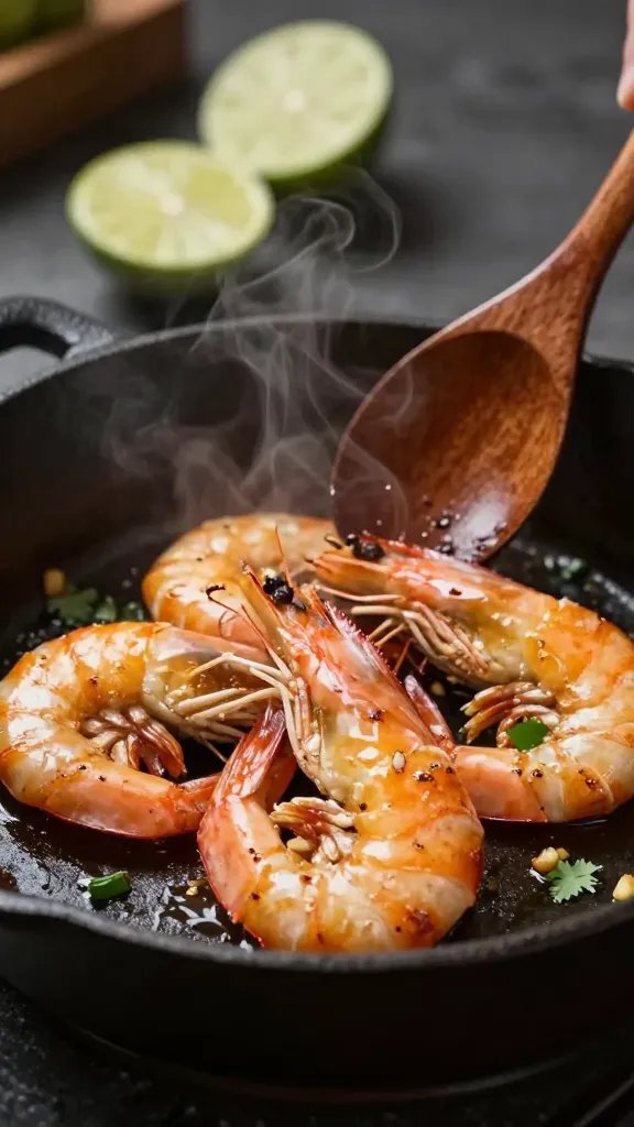 Close-up, three-quarter angle of shrimp sizzling in a cast-iron skillet: golden sear, light char, visible minced garlic and cilantro bits clinging to the shrimp; steam rising; lime halves in the background slightly out of focus; a wooden spoon mid-stir to show motion; moody kitchen setting with directional light highlighting texture and gloss, shallow depth of field, no text.
