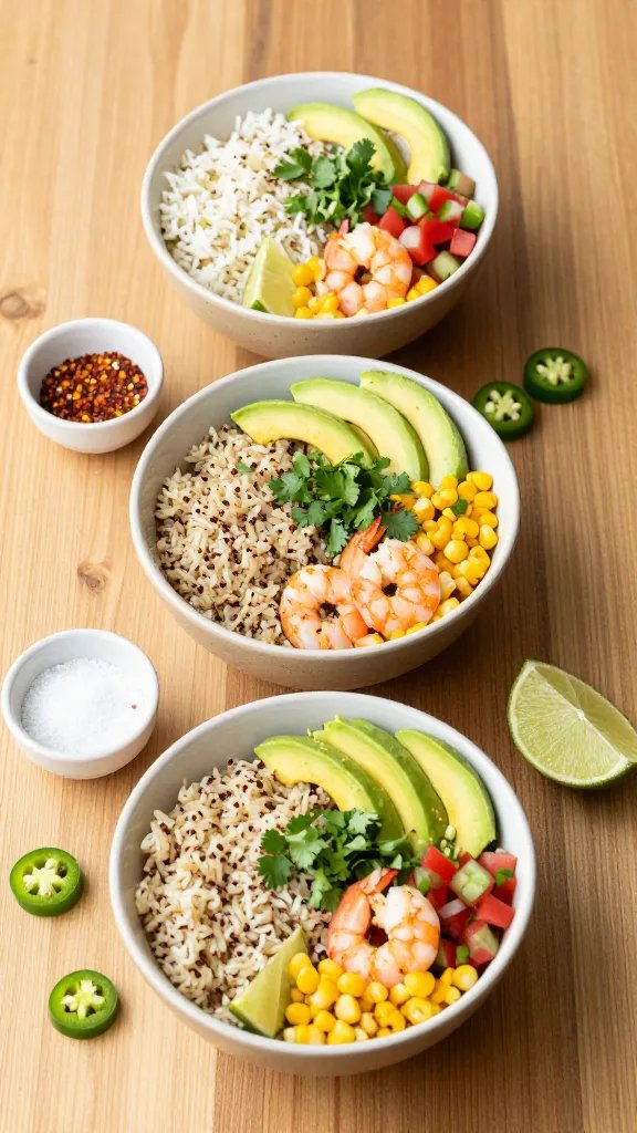 Meal-prep lineup on a wooden table: three open bowls in a diagonal composition showing customization—one with fluffy cauliflower rice, one with brown rice, one with quinoa; each topped with cilantro-lime shrimp, avocado slices, pico de gallo, corn, and a sprinkle of chopped cilantro; lime wedges and jalapeño slices scattered; small pinch bowls of salt, chili flakes; bright, clean daylight, minimal props, no text, crisp editorial style.