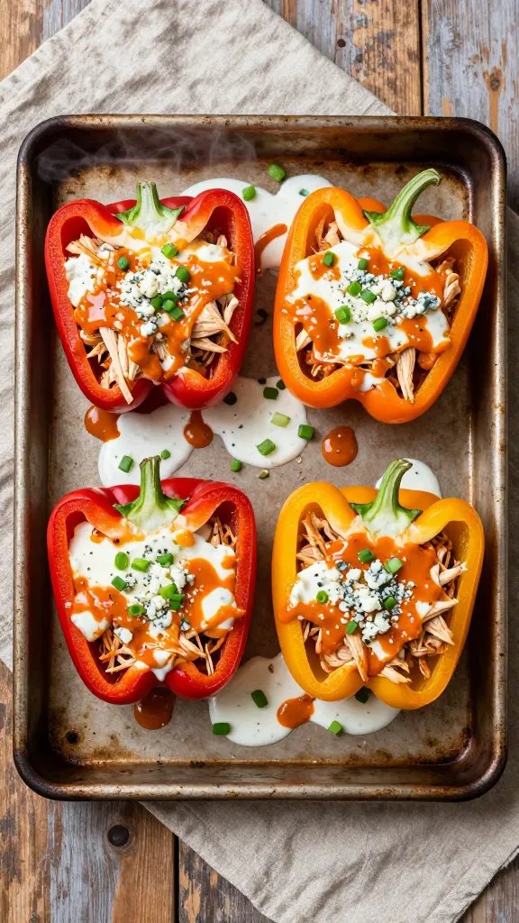 Overhead shot of a rustic sheet pan fresh from the oven holding four halved sweet bell peppers (red, orange, yellow) stuffed with shredded chicken tossed in glossy orange buffalo sauce, topped with melted mozzarella and a light sprinkle of crumbled blue cheese; drizzles of extra buffalo sauce and creamy ranch around, chopped scallions and finely chopped celery scattered, steam visible, set on a weathered wood table with a neutral linen, warm natural light