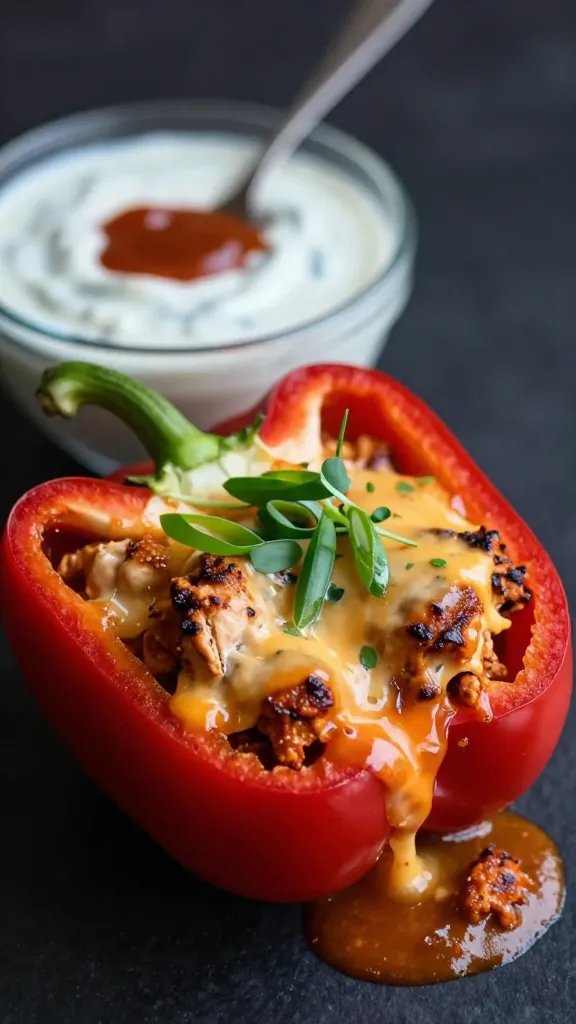 Close-up, three-quarter angle of a single bright red bell pepper half overflowing with saucy buffalo chicken, cheese visibly gooey and slightly browned at the edges, garnished with thinly sliced green onions and microcelery leaves; a small bowl of ranch dip and a spoon with buffalo sauce blur in the background, shallow depth of field, moody contrast, no text or labels