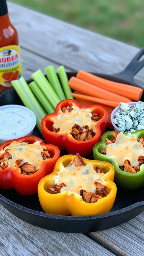 Casual tailgate-style spread: cast-iron skillet with multiple colorful bell pepper halves stuffed with buffalo chicken, melted cheese bubbling; on the side, celery sticks, carrot sticks, a small ramekin of ranch, another of blue cheese crumbles, and a bottle of buffalo sauce partially in frame; photographed outdoors on a picnic table with soft afternoon light, vibrant colors, inviting, no people, no text