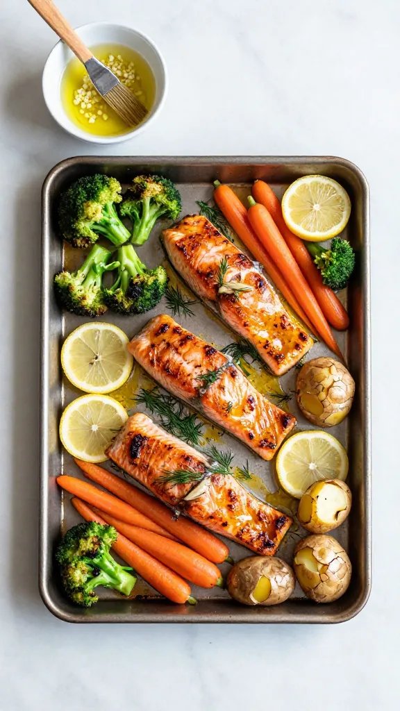 Overhead shot of a single large sheet pan fresh from the oven on a light marble countertop: four salmon fillets with crisped, slightly caramelized edges, glistening with a golden lemon-garlic glaze; surrounded by roasted broccoli florets with charred tips, thin rainbow carrot coins, and small halved baby potatoes with crackly skins. Lemon slices and a few sprigs of fresh dill are scattered, a small bowl of marinade (olive oil, minced garlic, honey, Dijon, and lemon zest) nearby with a basting brush. Natural daylight, clean minimal kitchen vibe, no text.
