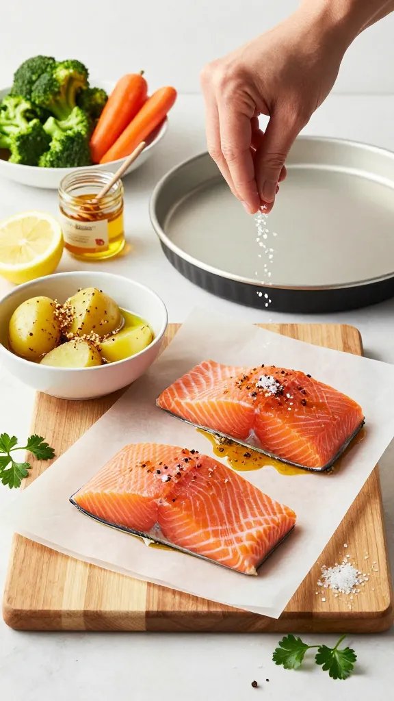 Step-by-step prep scene on a wooden board beside an empty rimmed sheet pan lined with parchment: raw salmon fillets being brushed with marinade, bowls of prepped vegetables (broccoli florets, sliced carrots, halved baby potatoes) tossed with olive oil, salt, and pepper. Visible ingredients include a halved lemon, a small jar of Dijon, honey drizzling from a spoon, crushed garlic, and fresh parsley. Hands mid-action sprinkling flaky salt. Bright, airy, editorial food styling.