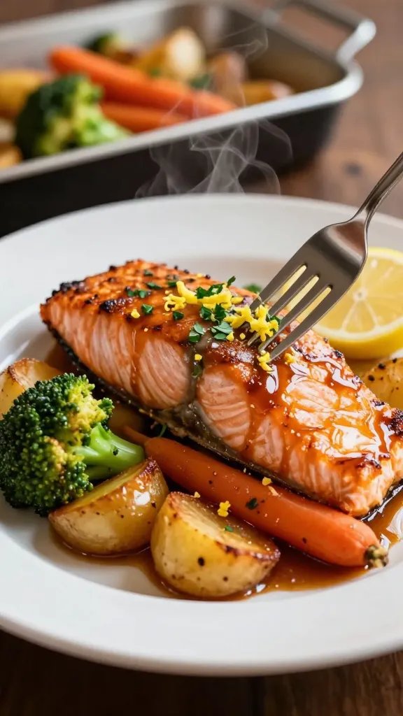 Plated serving close-up: a portion of roasted salmon flaking gently with a fork, set atop a mix of caramelized potatoes, tender broccoli, and sweet carrots. Drizzled with a glossy pan sauce, topped with lemon zest and chopped parsley. A wedge of lemon on the side, steam subtly rising, shallow depth of field with the sheet pan blurred in the background. Warm, inviting lighting, restaurant-quality presentation without text.