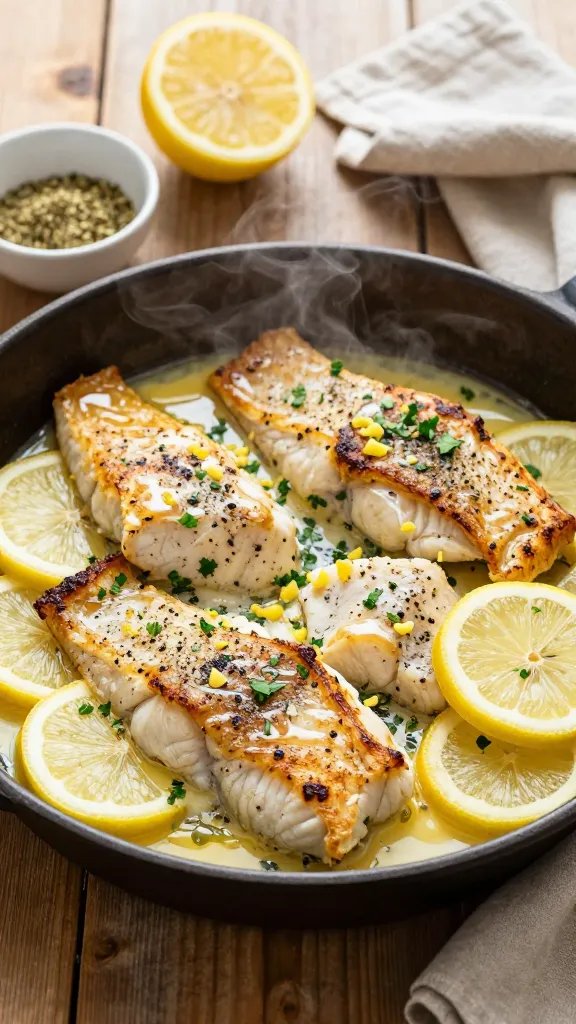 Overhead shot of a small sheet pan dinner on a rustic wooden table: four seasoned tilapia fillets baked with visible cracked black pepper, glossy melted butter pooling around edges, thin lemon slices tucked beside fillets, sprinkled fresh parsley and lemon zest on top. Include a golden, lightly crisped edge on the fish, steam subtly rising. In the background, a halved lemon, a small bowl of lemon pepper seasoning, and a folded linen napkin; warm natural window light, shallow depth of field, no text.
