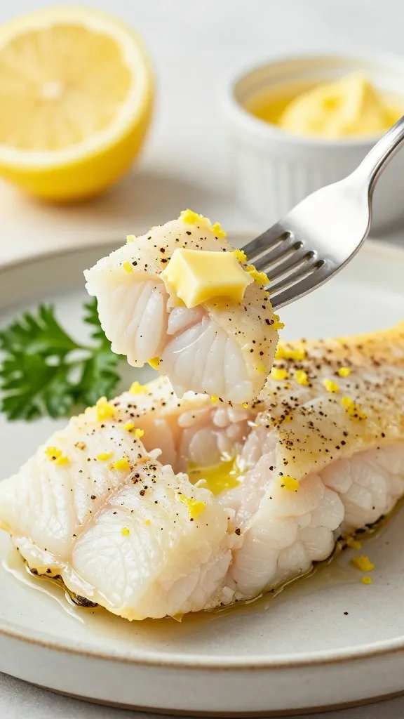 Close-up, fork-flake moment: a fork gently lifting a flaky piece from a baked tilapia fillet, showing tender moist interior. The surface is speckled with lemon zest and coarse pepper, with a small pat of melted butter glistening. Out-of-focus elements include a lemon half, a ramekin of melted butter, and a sprig of parsley on a neutral ceramic plate; bright, clean kitchen light with soft shadows.