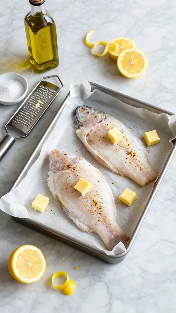 Prep-to-oven scene on a marble countertop: raw tilapia fillets arranged in a parchment-lined baking dish, sprinkled with lemon pepper seasoning and dotted with small cubes of butter. Freshly zested lemon curls scattered around, a microplane grater with zest residue, a small bowl of salt, and a bottle of olive oil nearby. Sliced lemon rounds ready to place, overhead composition, bright daylight, minimalistic modern kitchen vibe.