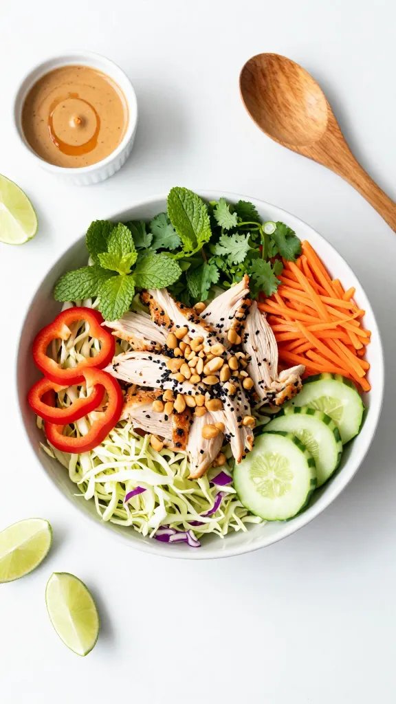 Overhead shot of a vibrant Thai peanut chicken salad in a wide, shallow bowl: shredded green and purple cabbage, thinly sliced red bell pepper, julienned carrots, chopped cucumber, fresh cilantro and mint, sliced scallions, shredded rotisserie chicken piled in the center, topped with crushed roasted peanuts and black sesame seeds. A small ramekin of creamy peanut dressing swirled with chili oil sits to the side, lime wedges scattered, and a pair of wooden salad tongs nearby. Bright natural light, clean white background, minimal shadows, crisp, high-contrast food photography.