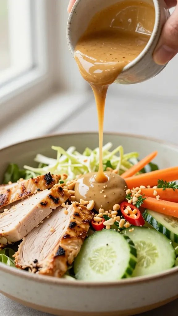 Close-up, action scene: a hand drizzling glossy peanut-lime-chili dressing over a composed salad in a rustic ceramic bowl. Visible textures: juicy sliced grilled chicken with light char, crunchy cabbage mix, red chili slices, cucumber half-moons, ribbons of carrot, and fresh herbs. Peanut crumbles catching the light, a faint sheen on the dressing stream. Soft daylight from the left, shallow depth of field to emphasize the pour and crunch details, warm, appetizing color grading.