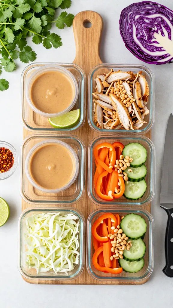 Meal-prep layout on a wooden board: four clear glass containers filled with Thai peanut chicken salad components neatly arranged—base of shredded cabbage, sections of sliced bell pepper, carrot, cucumber, topped with shredded chicken and peanuts. Separate small lidded sauce cups with creamy peanut dressing, lime wedges, and a sprinkle of chili flakes on the side. Overhead composition, tidy and colorful, with a chef’s knife, half a purple cabbage, and a bunch of cilantro framing the scene. Bright, natural kitchen light, clean, modern aesthetic.