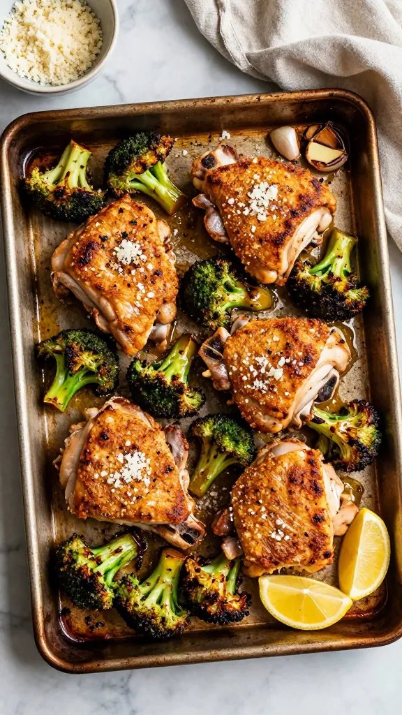 Overhead shot of a rustic sheet pan fresh from the oven on a marble countertop: bone-in, skin-on chicken thighs with deeply golden, shatter-crisp skin nestled among caramelized broccoli florets with charred, crispy edges. Visible glossy garlic-parmesan butter pooled in places, flecks of grated parmesan melting on contact, and specks of black pepper and red pepper flakes. A few smashed garlic cloves and lemon wedges on the pan, with a small bowl of grated parmesan and a bunched linen nearby. Warm, natural kitchen light, no text.