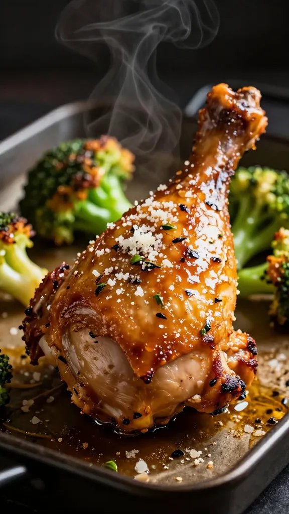 Close-up, dramatic side angle of a single roasted chicken thigh being lifted with tongs over the sheet pan: the skin blistered and lacquered with garlicky butter, micro-grated parmesan clinging to the surface, tiny herbs and coarse salt visible. In the blurred background, broccoli florets with crispy browned tips glisten with oil. Steam rising subtly, moody dark backdrop, shallow depth of field, no text.