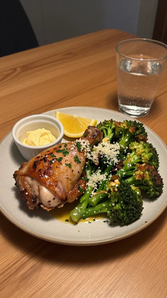 Cozy dinner scene on a wooden table: a plated serving of one roasted chicken thigh and a generous pile of crispy-edged broccoli, drizzled with melted garlic-parmesan butter. Sprinkled fresh parsley and extra shaved parmesan on top, with a small ramekin of garlic butter, a wedge of lemon, and a glass of sparkling water nearby. Soft evening light from the side, neutral ceramic plate, minimal props, no text.