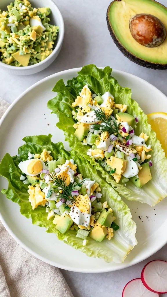 Overhead shot of two avocado egg salad lettuce wraps on a matte white plate: crisp butter lettuce leaves filled with chunky egg salad made from diced hard-boiled eggs, ripe avocado, a touch of Greek yogurt, finely chopped red onion, celery, and fresh dill. Garnish with a light sprinkle of black pepper, flaky sea salt, and a squeeze of lemon visible on the side. Include a small bowl of extra egg-avocado mixture, a halved avocado with pit, sliced radishes, and a linen napkin. Natural daylight from the left, bright and clean, minimal kitchen background.