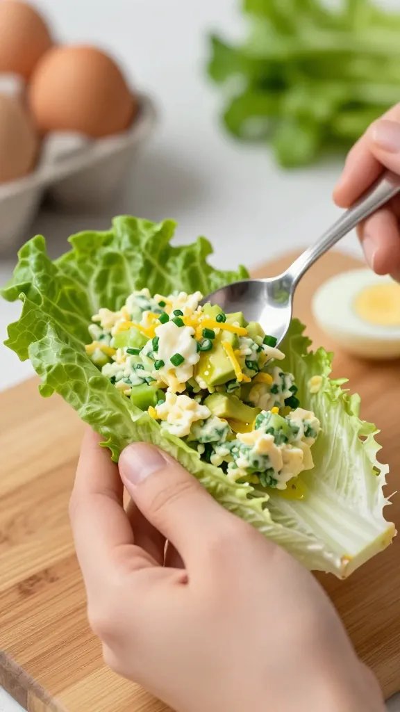 Close-up, side-angle macro of hands assembling an avocado egg salad lettuce wrap on a wooden board: one hand cupping a large romaine leaf, the other spooning in chunky green-and-white egg salad flecked with chives, celery, and a hint of Dijon. Visible textures of creamy avocado binding the eggs, with lemon zest on top and a drizzle of olive oil sheen. Shallow depth of field, soft natural light, blurred background with a carton of hard-boiled eggs and a bunch of fresh herbs.