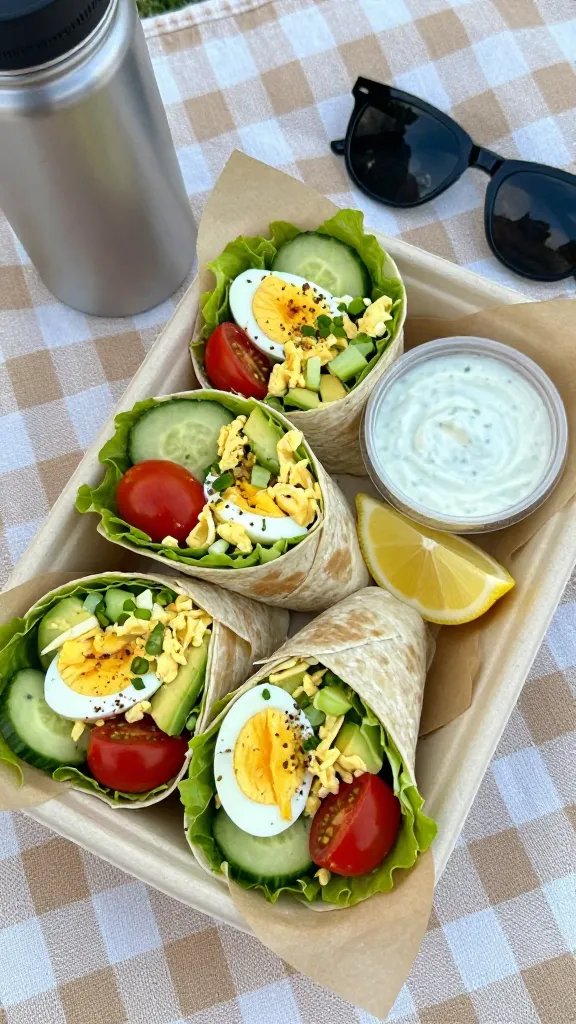 Picnic scene: four neatly arranged avocado egg salad lettuce wraps in a parchment-lined bento-style lunch container, each wrap nestled with cucumber slices and cherry tomatoes. The egg salad is vibrant, with pieces of egg white and yolk, creamy avocado, diced celery, scallions, and cracked pepper. Include a small lemon wedge and a tiny container of extra Greek yogurt-herb sauce. Set on a gingham cloth with a reusable water bottle and sunglasses nearby. Warm outdoor light, casual summer vibe, no text.
