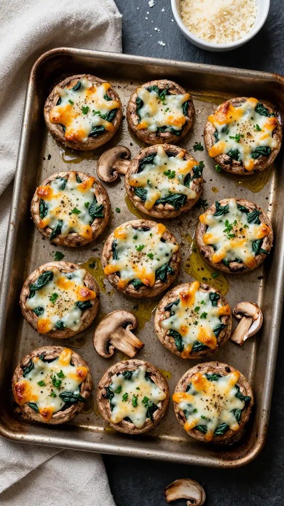 Overhead shot of a rustic baking sheet filled with golden-browned turkey and spinach stuffed cremini mushrooms, cheese melted and lightly blistered on top, flecks of chopped parsley and cracked black pepper, a few stray sautéed mushroom stems and garlic cloves nearby, olive oil sheen visible, set on a dark slate surface with a linen napkin and a small bowl of grated Parmesan off to the side, warm natural window light.