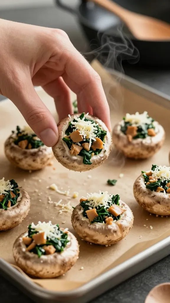 Close-up, three-quarter angle of a hand placing the last stuffed mushroom onto a parchment-lined tray: hollowed cremini caps packed with garlicky ground turkey and wilted spinach, finely diced mushroom stems visible in the filling, a sprinkle of shredded mozzarella and Parmesan on each, tiny curls of steam rising, shallow depth of field with a skillet and wooden spoon blurred in the background.