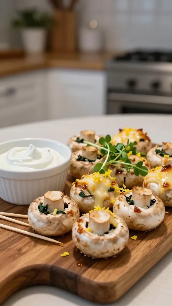 Party-style serving scene: a wooden board piled with bite-sized turkey–spinach stuffed white mushrooms, cheese melted and slightly caramelized, garnished with microgreens and lemon zest, a small ramekin of herbed yogurt dip on the side, a few toothpicks scattered, soft evening lighting with bokeh from a cozy kitchen, emphasizing appetizing texture and sheen.
