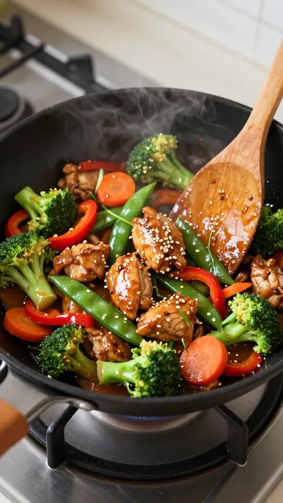 Overhead shot of a sizzling garlic-ginger chicken stir fry in a black carbon-steel wok on a gas flame: glossy bite-sized chicken pieces, crisp-tender broccoli florets, red bell pepper strips, snap peas, and carrot coins coated in a shiny soy-garlic-ginger sauce with visible sesame oil sheen; wisps of steam rising; scattered toasted sesame seeds and thin scallion slivers; a wooden spatula mid-stir; neutral kitchen background slightly blurred; natural daylight from the side, high contrast, no text.
