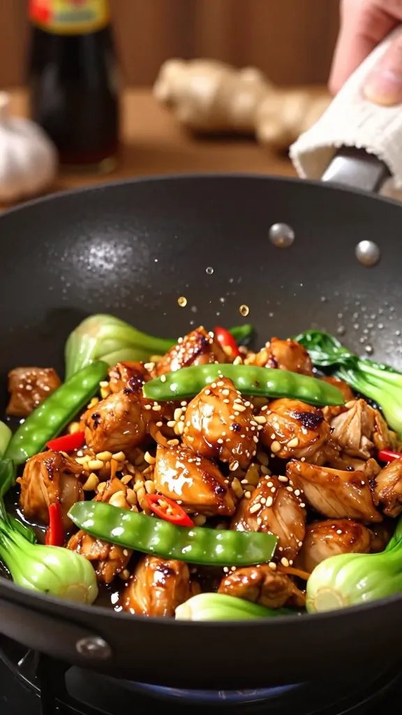 Close-up, shallow-depth action shot of a glossy stir fry being tossed: chunks of seared chicken with browned edges, minced garlic and ginger clinging to the sauce, bright bok choy, snow peas, and red chili slices; droplets of sauce suspended mid-air; wok interior reflecting heat; a hand gripping the wok handle with a kitchen towel; subtle bokeh of soy sauce bottle, ginger knob, and garlic bulbs in the background; warm lighting that emphasizes sheen, no text.