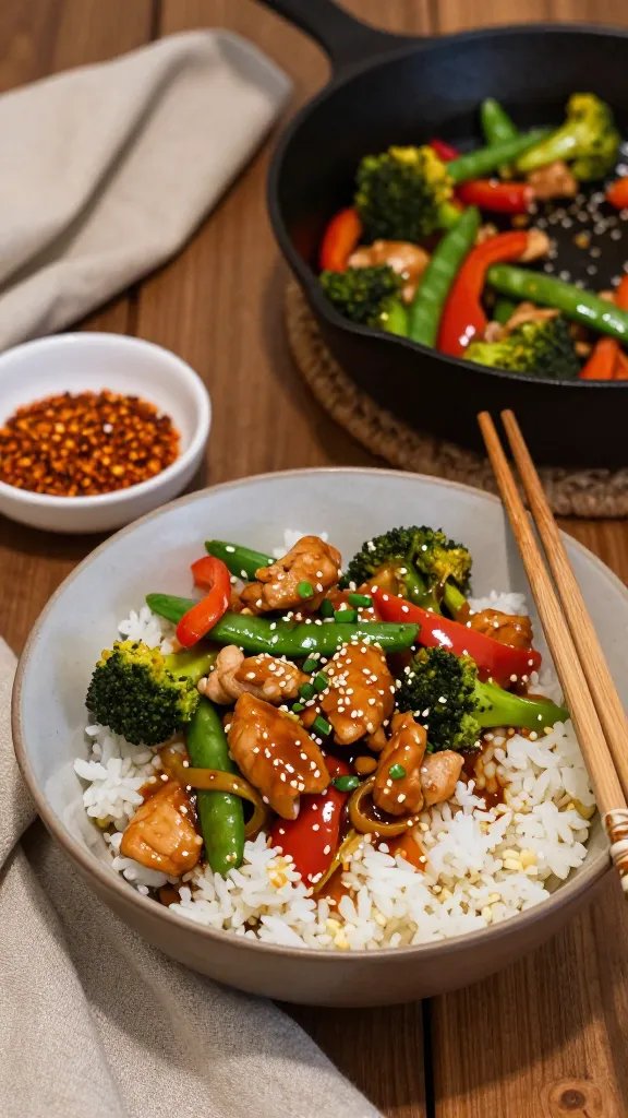 Cozy weeknight serving scene: a bowl of steamed jasmine rice topped with garlic-ginger chicken stir fry—juicy chicken, broccoli, bell pepper, and snap peas glistening in a rich soy-honey sauce—garnished with scallions and sesame seeds; chopsticks resting on the bowl rim; a small dish of chili flakes and a ramekin of sauce nearby; cast-iron skillet with remaining stir fry in the background; linen napkin and wood table for texture; soft evening light, no text.