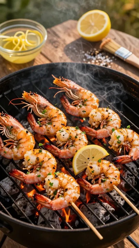 Overhead shot of a backyard grill at golden hour with skewers of large shrimp sizzling over open flame, lightly charred edges, glossy from a lemon-garlic-herb marinade. Visible flecks of chopped parsley and oregano cling to the shrimp, thin slices of lemon tucked between a few shrimp on each skewer. In the background: a small bowl of marinade with lemon zest curls, a halved lemon, a basting brush, and a scattering of coarse sea salt and cracked black pepper on a rustic wooden side table. Warm, summery lighting with gentle smoke wafting up.