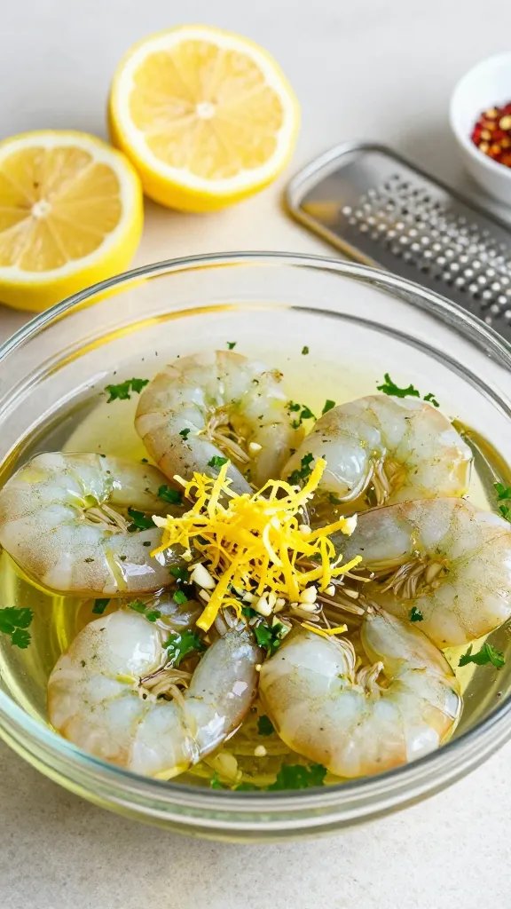 Close-up, macro-style image of raw shrimp in a shallow glass bowl being tossed in a vibrant marinade. Clearly show lemon zest strands, minced garlic, chopped fresh parsley, oregano, and a drizzle of olive oil clinging to the shrimp. Two freshly squeezed lemon halves and a fine grater with zest residue sit nearby, along with a small pinch bowl of red pepper flakes. Neutral kitchen countertop, bright natural daylight, clean and appetizing.