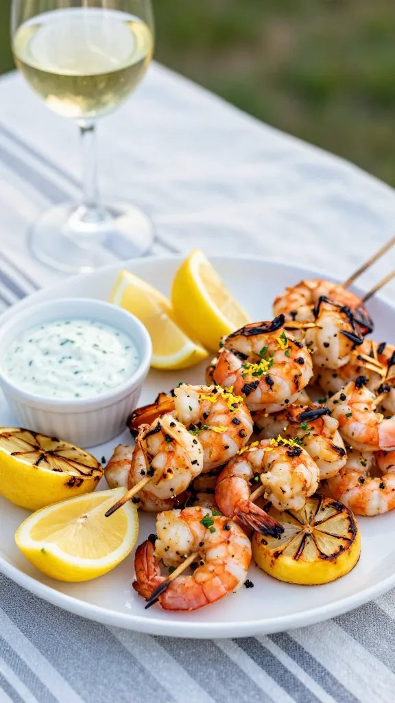 Plated serving scene: a white ceramic platter piled with grilled shrimp skewers, char marks visible, sprinkled with fresh herbs and a final grate of lemon zest. Lemon wedges arranged artfully, a small ramekin of herby dipping sauce on the side, and lightly charred lemon wheels for garnish. Place the platter on a striped outdoor tablecloth with a glass of chilled white wine slightly out of focus, evoking a casual summer cookout vibe, soft late-afternoon sunlight.