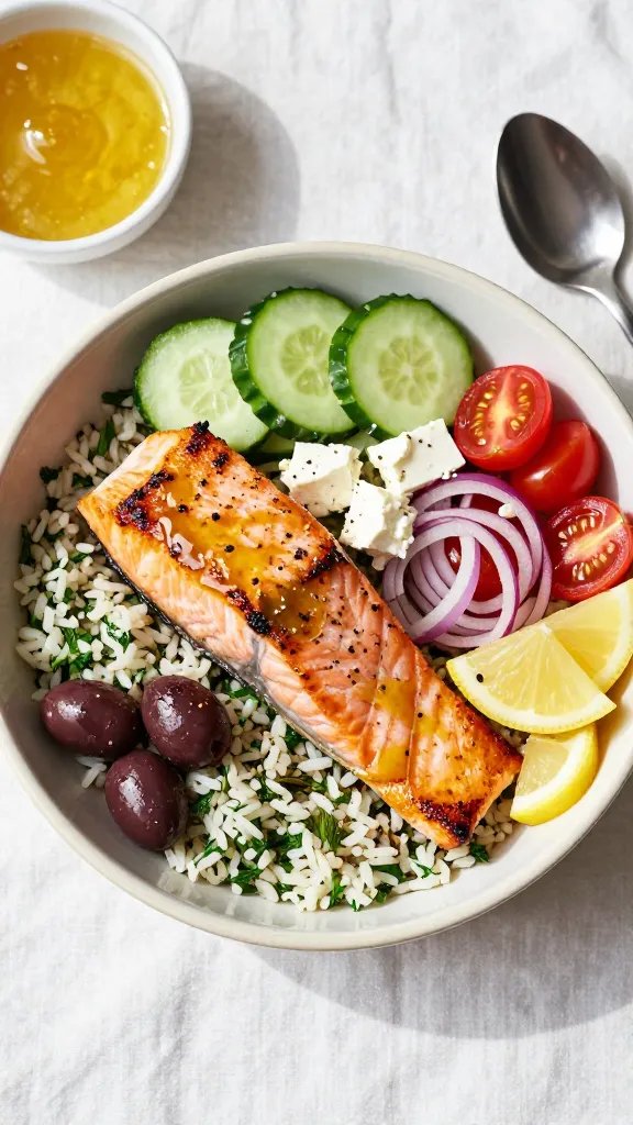 Overhead shot of a vibrant Mediterranean salmon bowl arranged neatly in a wide, shallow ceramic bowl: flaky roasted salmon fillet with light char on the edges, sliced crisp cucumbers, crumbled feta, cherry tomatoes halved, thinly sliced red onion, kalamata olives, and a base of herby rice (parsley and dill flecks visible). A drizzle of glossy lemon-garlic sauce over the salmon, lemon wedges on the side, sprinkled sumac and cracked black pepper on top. Natural daylight from the left, soft shadows, clean white linen background, a small bowl of sauce and a spoon nearby, no text.