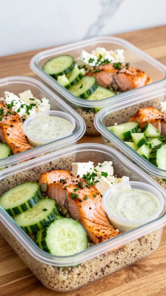 Close-up, 45-degree angle of meal-prep containers lined up on a wooden countertop, each filled with quinoa base, seared salmon pieces, diced cucumber, crumbled feta, and a separate little ramekin of lemon-garlic dressing. Garnish with fresh chopped parsley and a few capers. Ingredients look fresh and dewy, with condensation on the cucumbers. Neutral kitchen backdrop with a faint marble pattern, bright, crisp lighting, no text.
