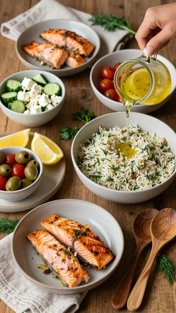 Rustic tablescape of a DIY bowl-building spread: platters of broiled salmon fillets, a large bowl of herbed rice, separate bowls of cucumbers, feta crumbles, cherry tomatoes, olives, and lemon wedges. A small pitcher mid-pour with lemon-garlic dressing creating a thin stream. Warm Mediterranean color palette, textured linen napkins, olive wood serving spoons, scattered fresh dill and parsley. Shot from overhead with slight angle for depth, soft natural light, no text.